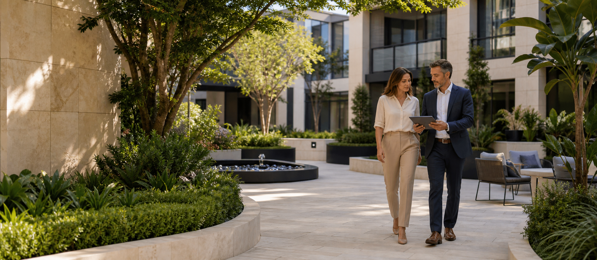 Property owner and asset manager reviewing a residential courtyard