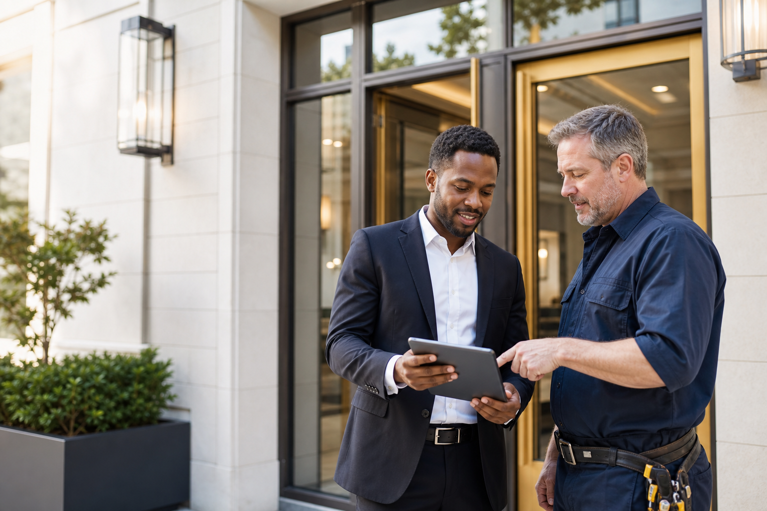 Property manager coordinating work with a maintenance professional